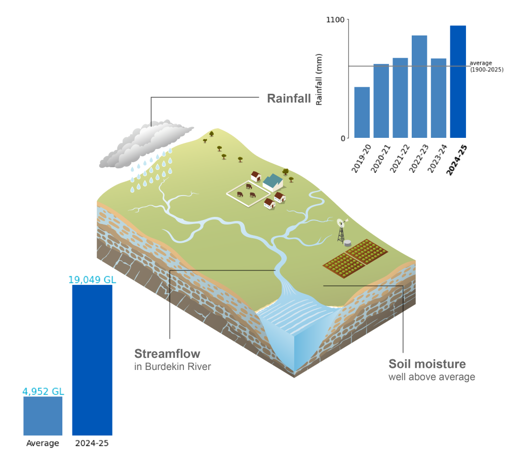 Schematic representation of the climate and water conditions in the Burdekin region during the current reporting period.