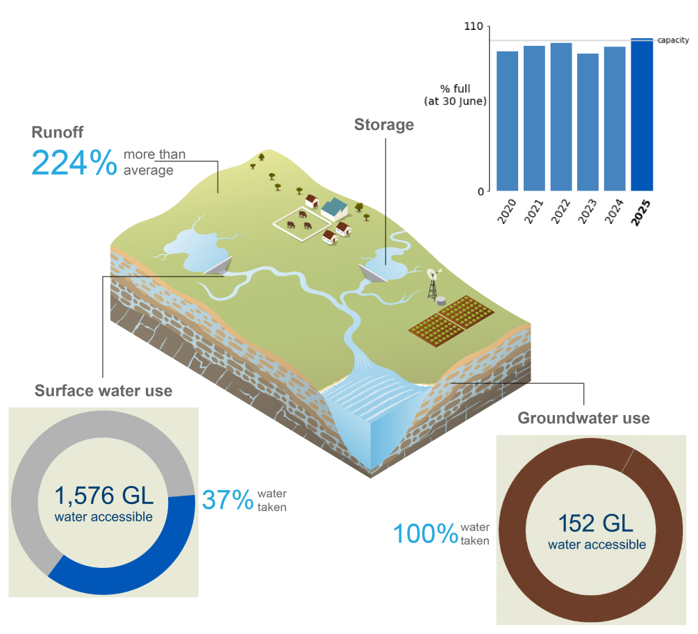 Schematic representation of changes to the total storage volume in the Burdekin region during the past six water accounting periods ending 30 June, runoff compared to the long-term average, as well as how much of the accessible water resources were taken across the region during the current reporting period.