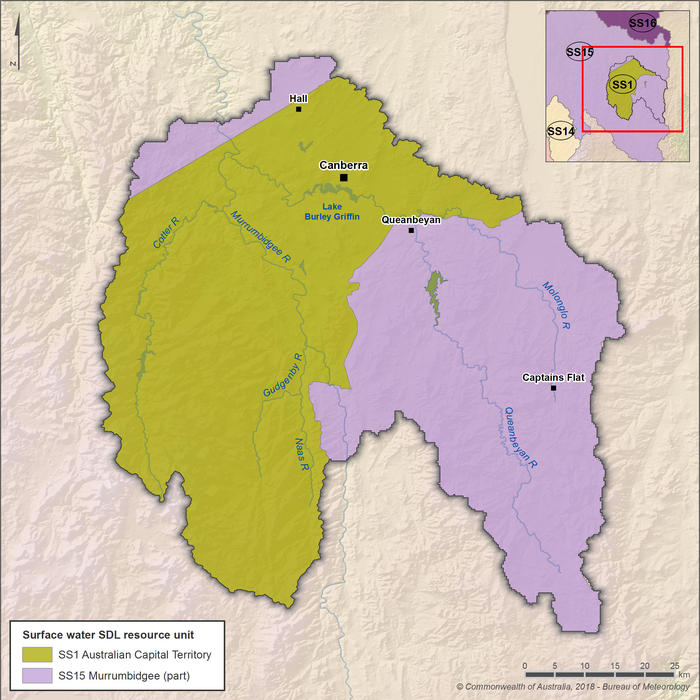 Map of 2 surface water sustainable diversion limit (SDL) resource units. The SS1 Australian Capital Territory SDL resource unit covers the central, west and southwest of the region. The SS15 Murrumbidgee SDL resource unit covers the southeast of the region, as well as a small area in the north. The Murrumbidgee SDL resource unit extends beyond the region boundary to the south, west and north.