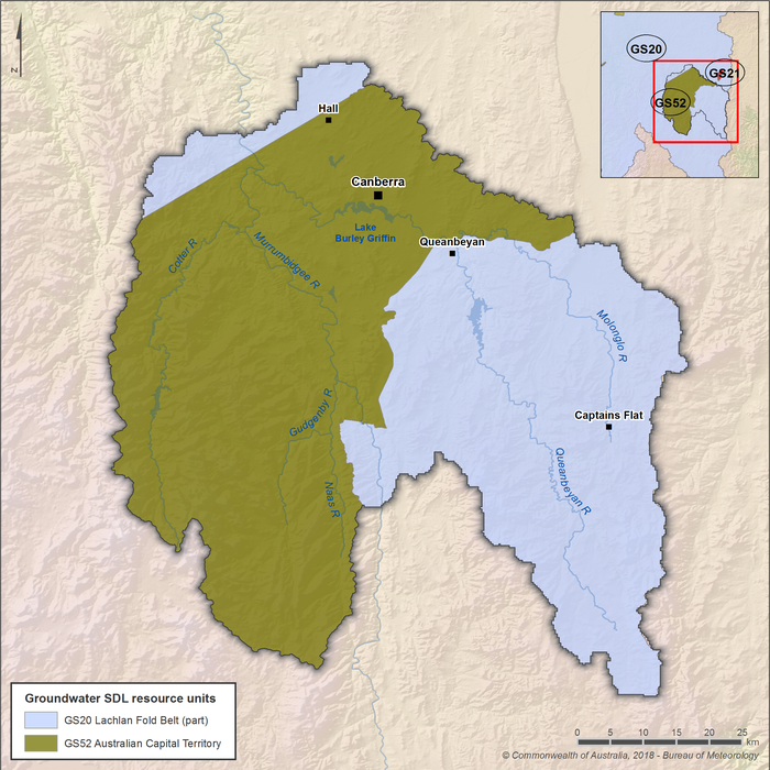Map of 2 groundwater sustainable diversion limit (SDL) resource units. The GS52 Australian Capital Territory SDL resource unit covers the central, west and southwest of the region. The GS20 Lachlan Ford Belt SDL resource unit covers the southeast of the region, as well as a small area in the north. The Lachlan Ford Belt SDL resource unit extends beyond the region boundary to the south, west and north.