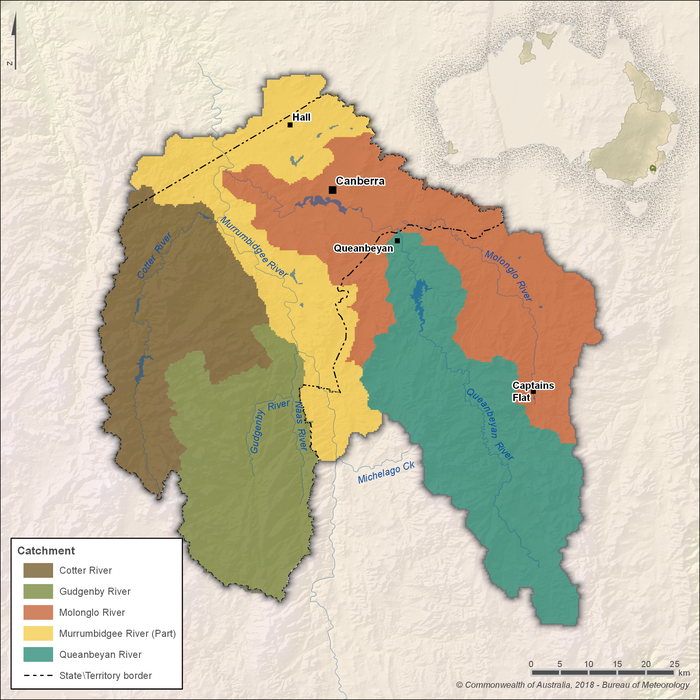 Map of the main rivers and water catchments. The region is defined by 5 surface water catchments. Cotter River catchment is located in the west. Gudgenby River catchment is located in the southwest. Part of the Murrumbidgee River catchment is located in the centre and north. Molonglo River catchment is located in the east and northeast. Queanbeyan River catchment is located in the southeast.