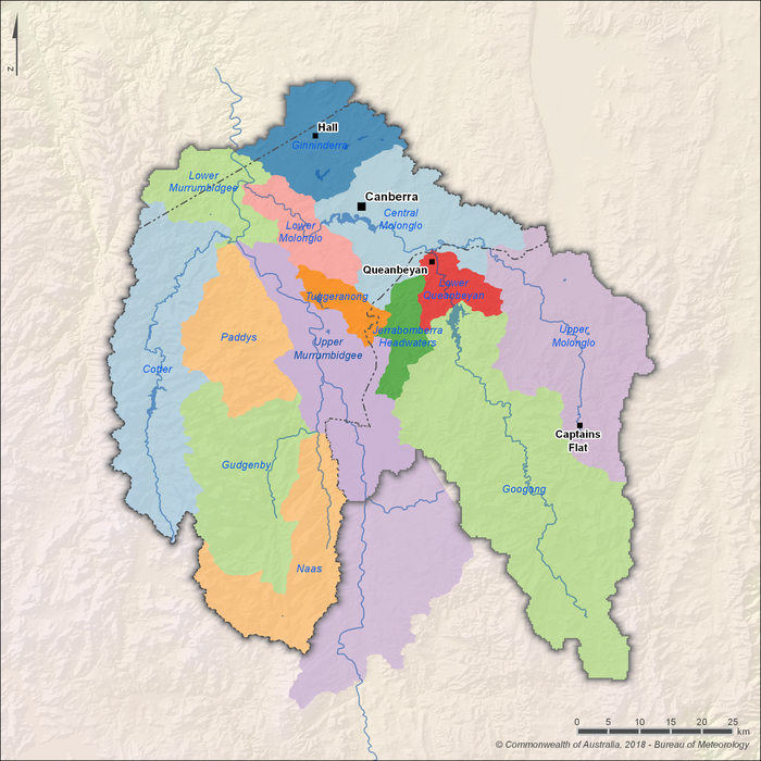 Map of 14 water management areas. Cotter and Paddy's water management areas are within the Cotter River catchment in the west. Gudgenby and Naas water management areas are within the Gudgenby River catchment in the southwest. Upper Murrumbidgee, Lower Murrumbidgee, and Ginninderra water management areas are in the Murrumbidgee River catchment in the centre and north. Jerrabomberra Headwaters, Tuggeranong, Upper Molonglo, Central Molonglo, and Lower Molonglo are in the Molonglo River catchment in the east and northeast. Googong and Lower Queanbeyan water management areas are within the Queanbeyan River catchment in the southeast.