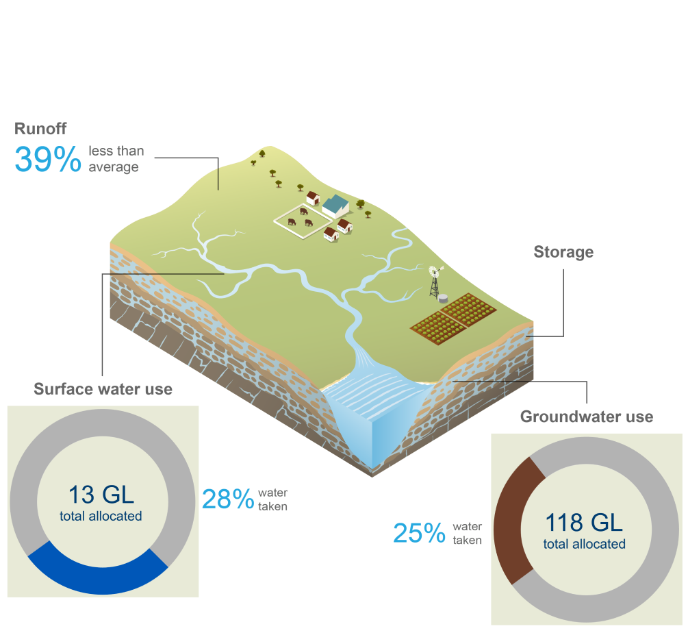 Schematic representation of changes to the total storage volume in the Daly region during the past six water accounting periods ending 30 June, runoff compared to the long-term average, as well as how much of the accessible water resources were taken across the region during the current reporting period.