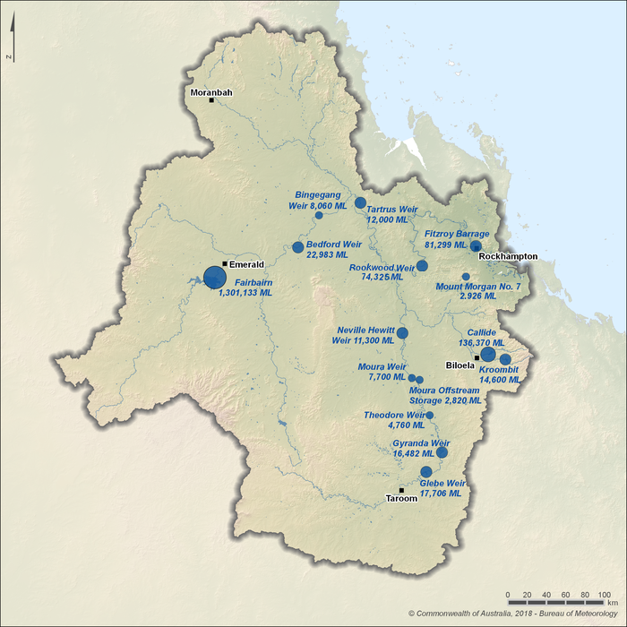 Map of 14 major water storages. Fairbairn Dam, just upstream of Emerald, is the largest with a capacity of approximately 1,300,000 ML. The other 13 storages are located across the region, total capacity approximately 340,000 ML.
