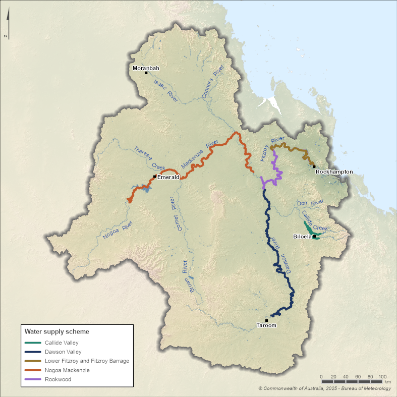 Map of four water supply schemes. The Nogoa Mackenzie scheme is located in the central northern part of the region along the Nagoa and Mackenzie rivers and includes Fairbairn Dam. The Dawson Valley scheme is located along the Dawson River extending from the central eastern part of the region to the south near Taroom. The Callide Valley scheme is in the east near Biloela. Lower Fitzroy and Fitzroy Barrage scheme covers a 100 km stretch of the Fitzroy river northwest of Rockhampton.
