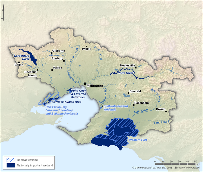 Map of Ramsar wetlands and nationally important wetlands. The 3 Ramsar-listed wetlands are the Edithvale–Seaford Wetlands in the central part of the region near the coast, Western Port Bay in the southeast, and Port Phillip Bay (Western Shoreline) and Bellarine Peninsula in the southwest. There are 5 nationally-important wetlands. Lerderderg River in the northwest, Werribee–Avalon Area and Point Cook and Laverton Saltworks in the southwest along the coast, Yarra River wetlands in the north, and Mud Islands wetlands within the Port Phillip Bay area in the southeast.