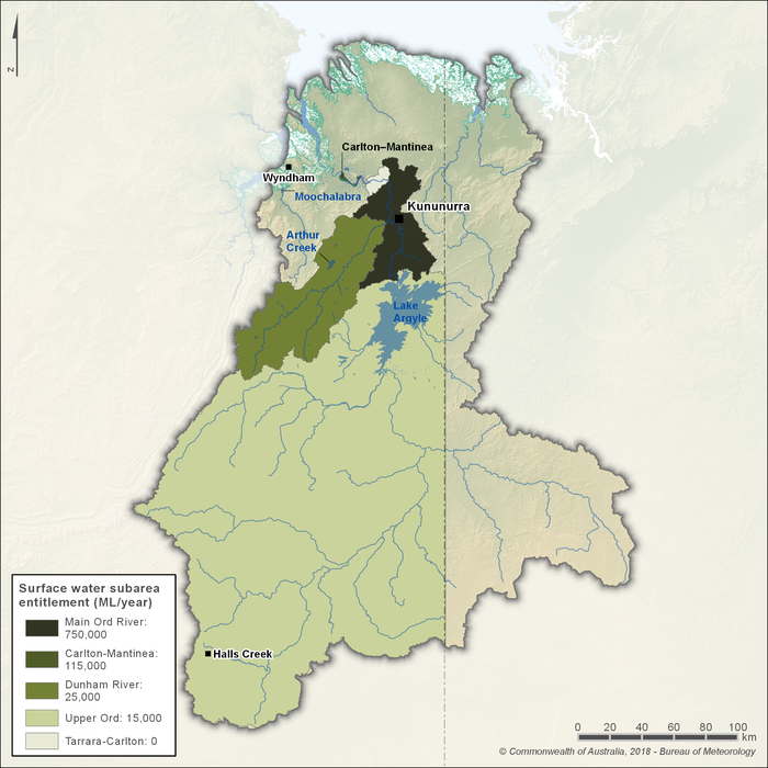 Map of 5 surface water subareas and water entitlements. Main Ord River is in the central north around Kununurra, annual water entitlement 750,000 ML. Carlton–Mantinea is along a section of the lower Ord River, annual water entitlement 115,000 ML. Dunham River is in the west, annual water entitlement 25,000 ML. Upper Ord is the entire southwest, annual water entitlement 15,000 ML. Tarrara–Carlton is to the northwest of Kununurra, annual water entitlement 0 ML.