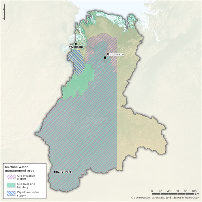 Map of 3 surface water management areas. Ord irrigation district extends from the north to the south, south west and west of the region, encompassing Kununurra and Halls Creek. Ord river and tributary largely overlaps the Ord irrigation district with an additional coverage in the west. Wyndham water supply lies in the northwest of the region, south of Wyndham.