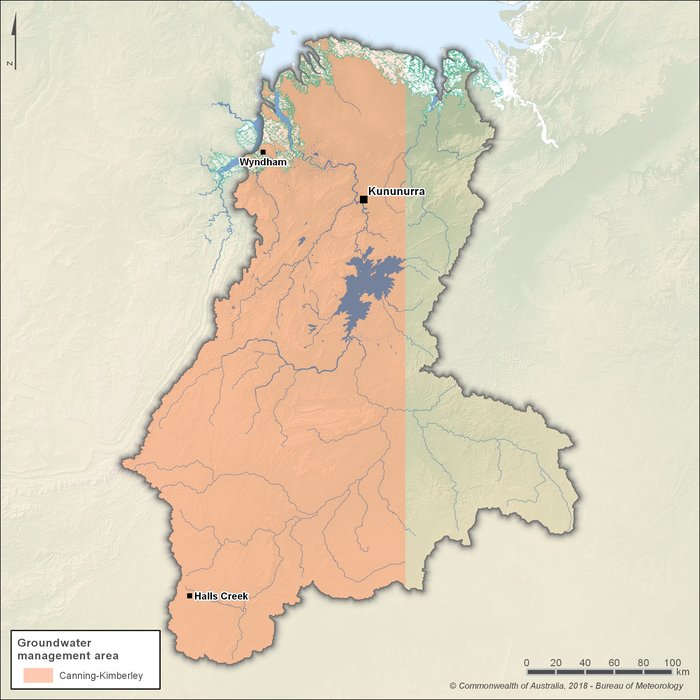 Map of the groundwater management area. The Canning-Kimberly groundwater management area extends from the north to the south, south west and west of the region, encompassing Kununurra, Wyndham and Halls Creek.