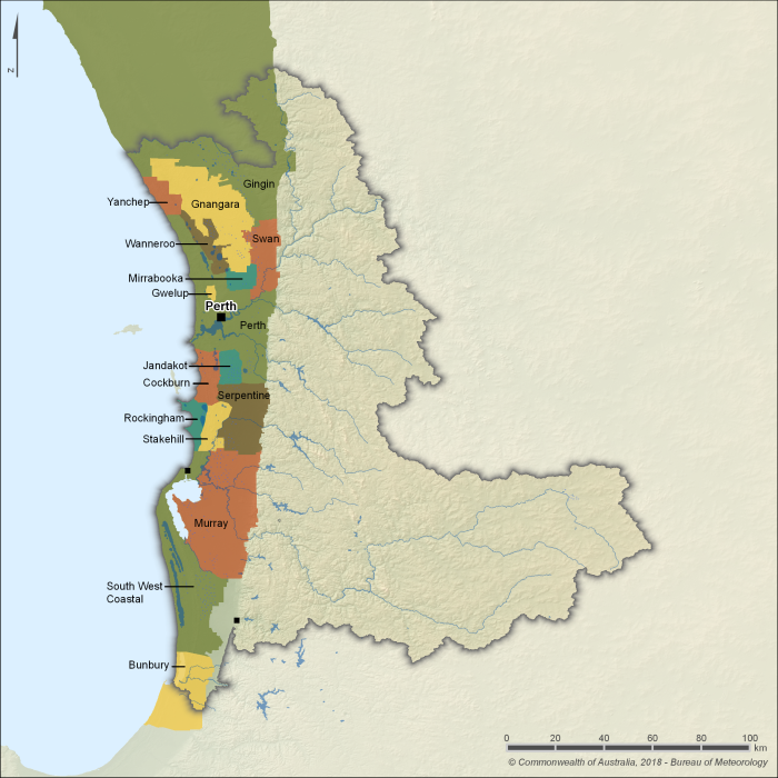 Map of 16 groundwater allocation areas. The Gingin, Gnangara, Gwelup, Mirrabooka, Perth, Swan, Wanneroo, and Yanchep groundwater allocation areas are located in the north of the region. The Cockburn, Jandakot, Rockingham, Serpentine, and Stakehill groundwater allocation areas are located in the central part of the region between Perth and Mandurah. The Bunbury, Murray, and South West Coastal groundwater allocation areas are located in the south of the region.