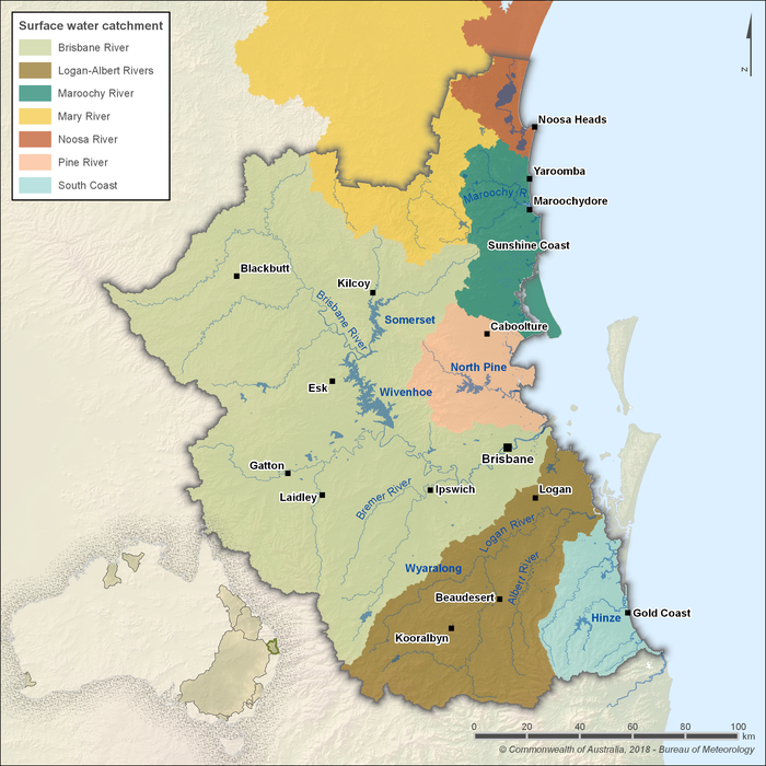 Map of main rivers and water catchments in the South East Queensland region. The region is defined by five surface water catchments: Brisbane River in the western part of the region; Logan-Albert Rivers and South Coast in the south, Maroochy River in the northeast, and Pine River in the central east. A part of the Mary and Noosa river catchments are also in the north of the region.