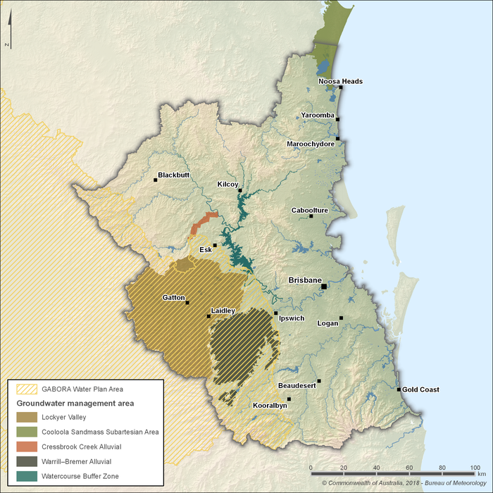 Map of 5 groundwater management areas. Lockyer Valley, Cressbrook Creek Alluvial, Warrill Bremer Alluvial, and Watercourse Buffer Zone groundwater management areas are located within the Moreton water plan area in the western part of the region. Cooloola Sandmass Subartesian Area is within the Mary Basin water plan area in the northern part of the region.