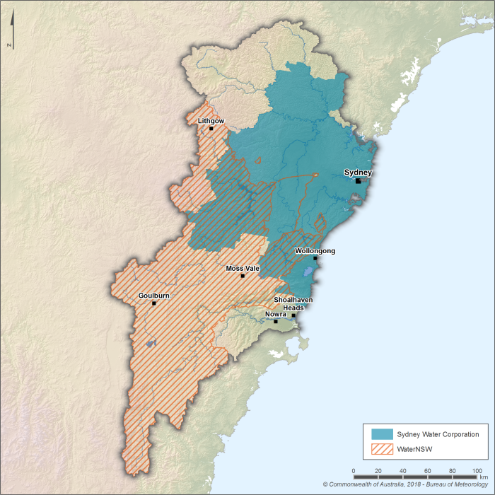 Map of 2 urban water authority service areas. The Sydney Water Corporation service area covers the northern and eastern part of the region, including Sydney and Woolongong. The WaterNSW service area covers the western and southern part of the region, including the towns of Lithgow, Goulburn, and Moss Vale. The service areas overlap in the central part of the region.