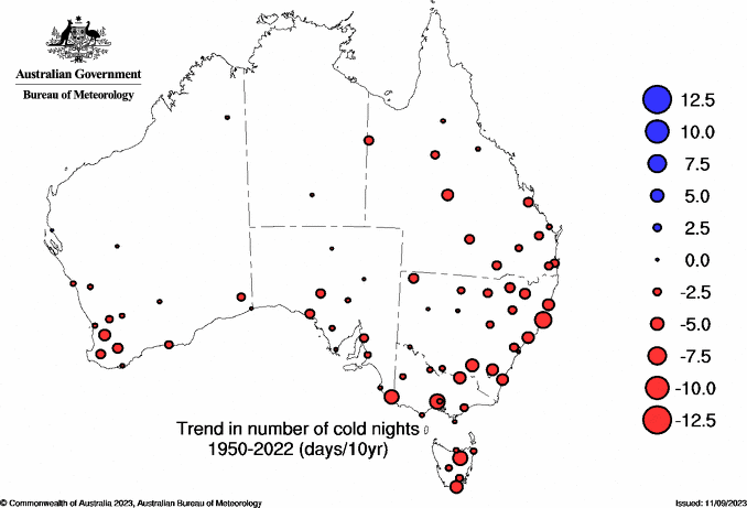 Cold nights trend map from 1950-present