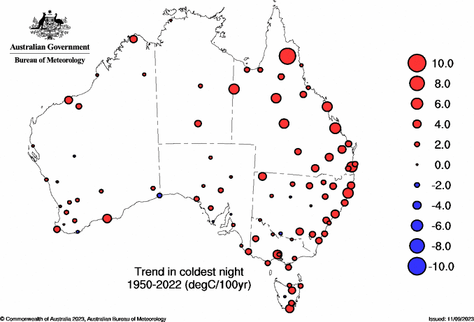Lowest minimum temperature trend map from 1950-present
