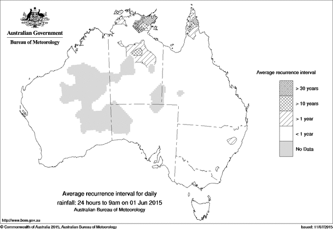 Australian daily rainfall average recurrence interval maps