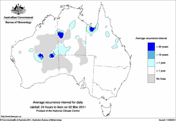 Australian daily rainfall average recurrence interval maps