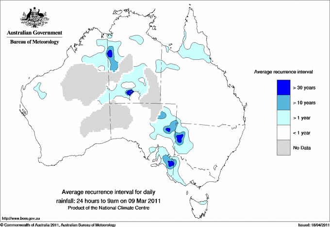 Australian daily rainfall average recurrence interval maps