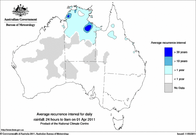 Australian daily rainfall average recurrence interval maps