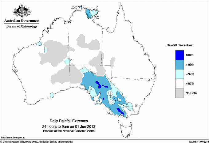 Australian daily rainfall extreme area maps