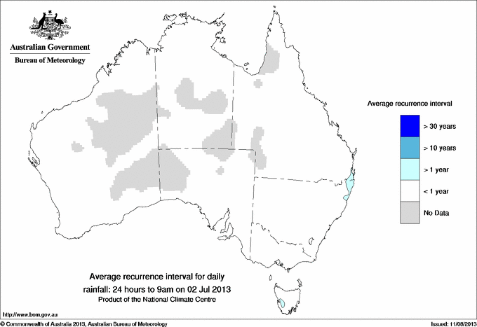 Australian daily rainfall average recurrence interval maps