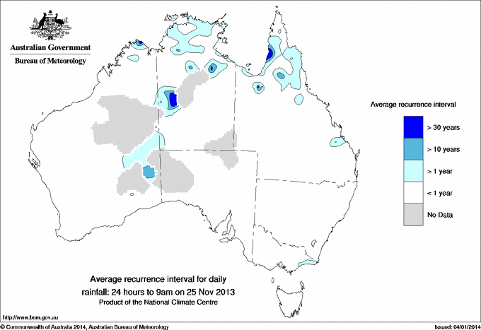 Australian daily rainfall average recurrence interval maps
