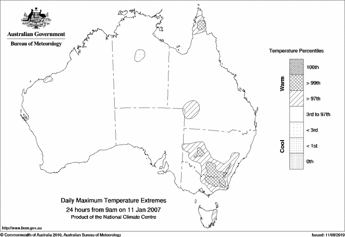 Australian daily maximum temperature extreme area maps
