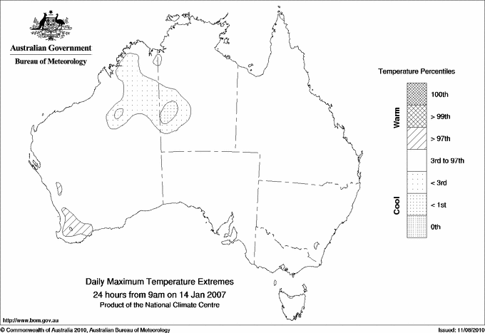 Australian daily maximum temperature extreme area maps