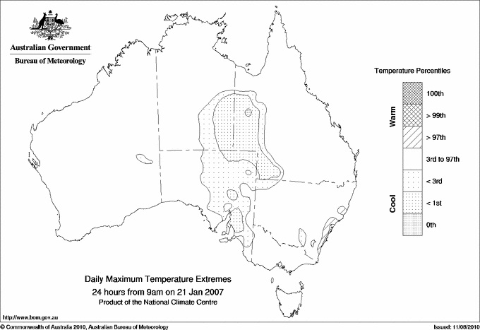 Australian daily maximum temperature extreme area maps