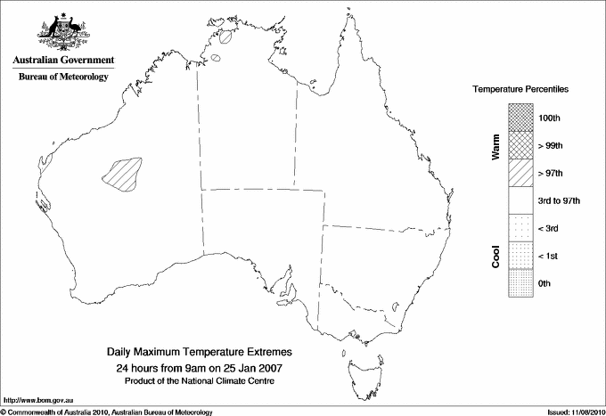 Australian daily maximum temperature extreme area maps