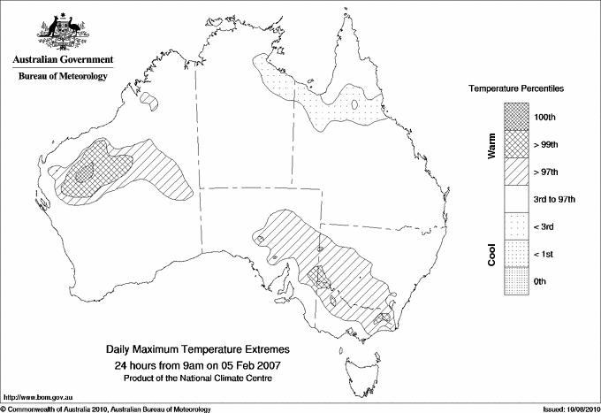 Australian daily maximum temperature extreme area maps
