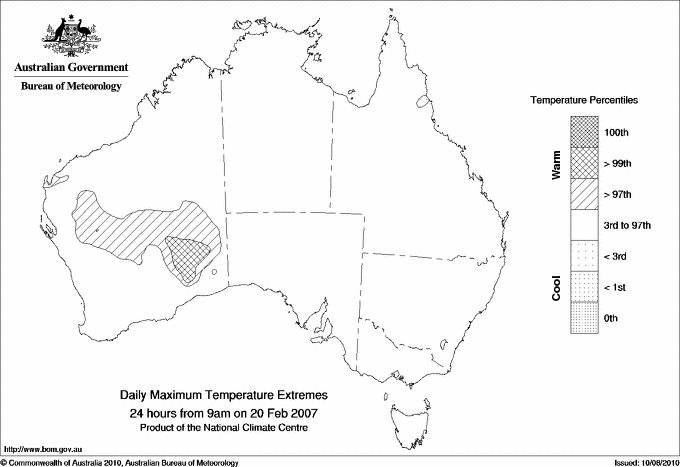 Australian daily maximum temperature extreme area maps