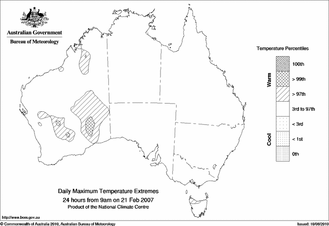 Australian daily maximum temperature extreme area maps