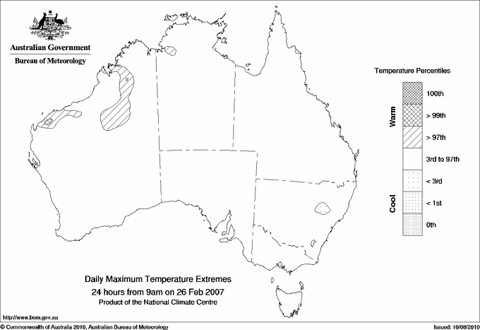 Australian daily maximum temperature extreme area maps