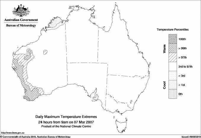 Australian daily maximum temperature extreme area maps