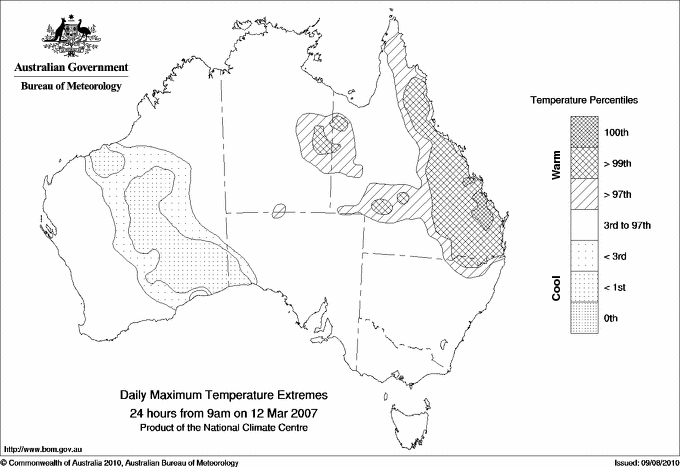 Australian daily maximum temperature extreme area maps