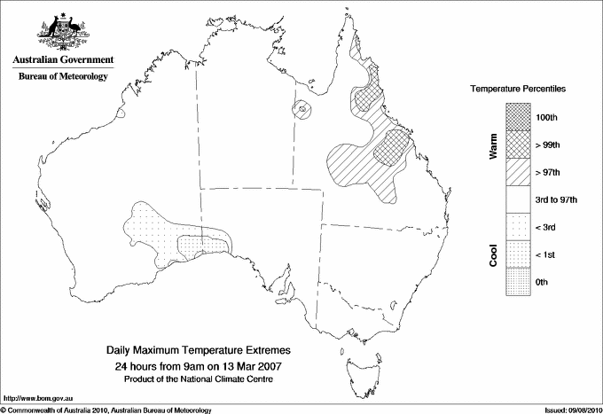 Australian daily maximum temperature extreme area maps