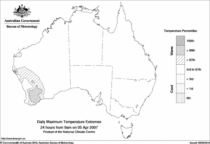 Australian daily maximum temperature extreme area maps