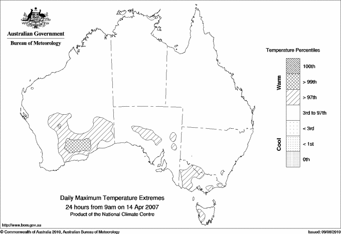 Australian daily maximum temperature extreme area maps
