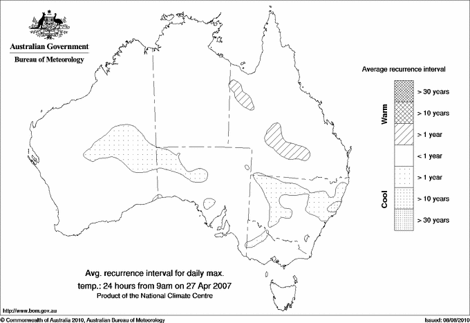 Australian daily maximum temperature average recurrence interval maps