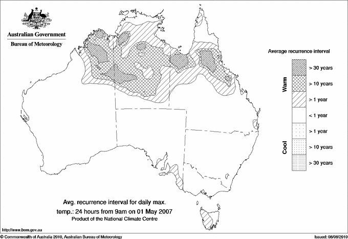 Australian daily maximum temperature average recurrence interval maps