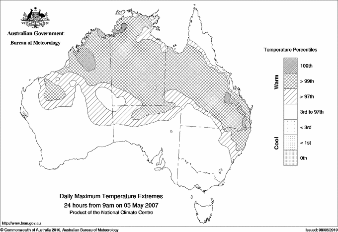 Australian daily maximum temperature extreme area maps