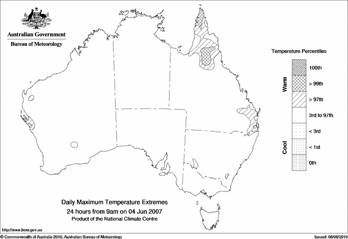 Australian daily maximum temperature extreme area maps