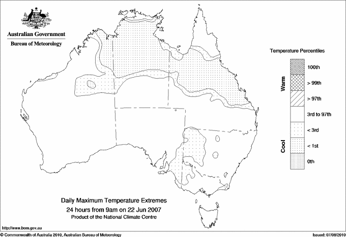 Australian daily maximum temperature extreme area maps