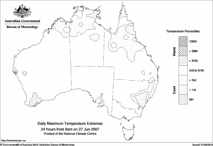 Australian daily maximum temperature extreme area maps