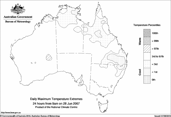 Australian daily maximum temperature extreme area maps