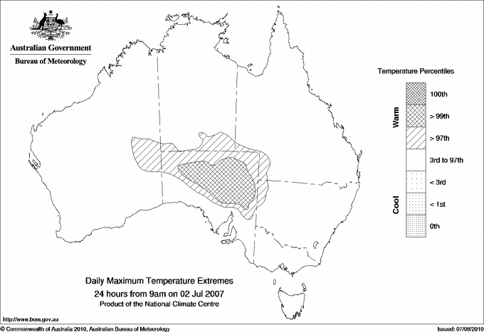 Australian daily maximum temperature extreme area maps