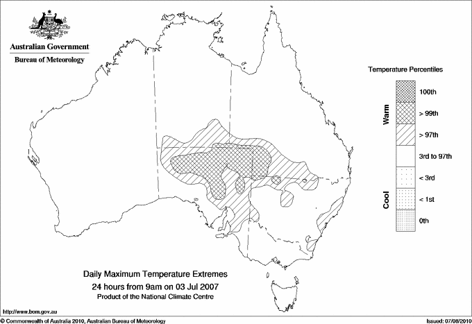 Australian daily maximum temperature extreme area maps