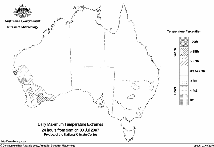 Australian daily maximum temperature extreme area maps