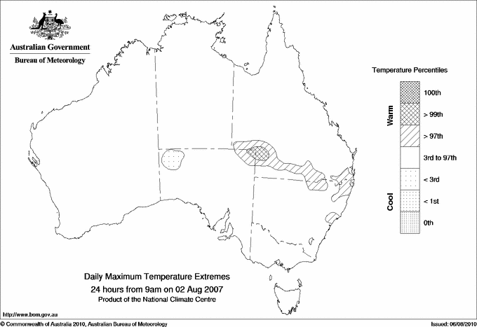 Australian daily maximum temperature extreme area maps